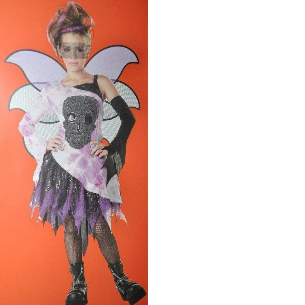Purple Skull Fairy Halloween Costume 8/10 Dress, Wings, Eye Mask, 5 Pc Girls